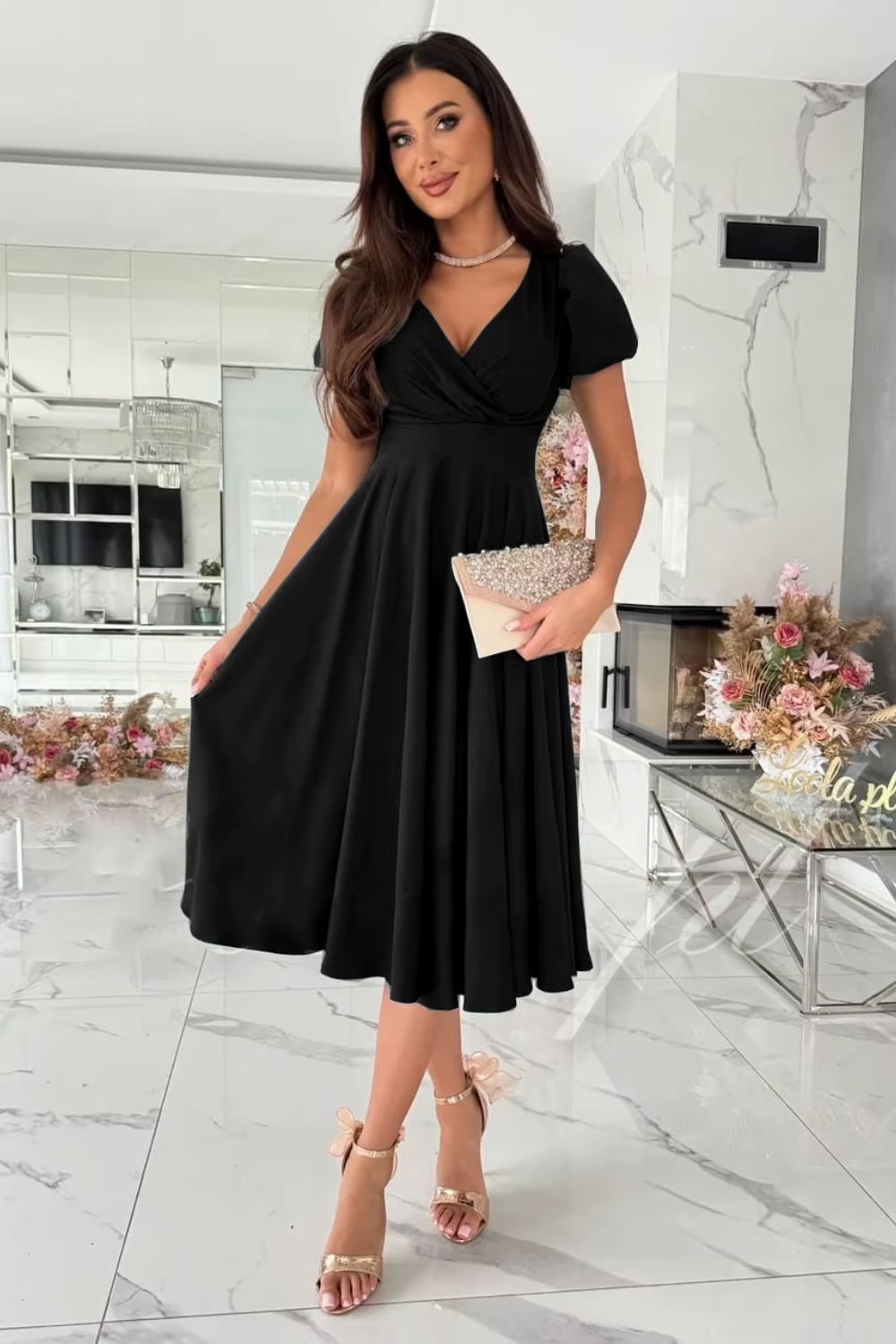 Frances – Elegant V-Neck Midi Dress
