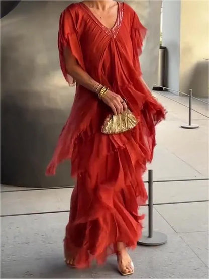 Astrid – V-Neck and Ruffled Maxi Dress