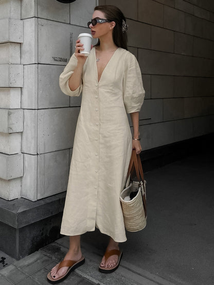 Yara – Elegant Linen Buttoned Midi Dress