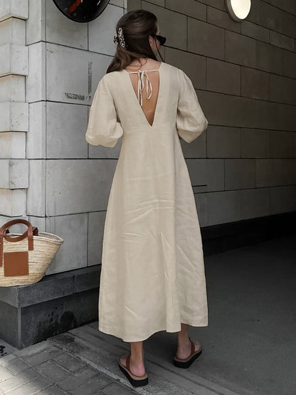 Yara – Elegant Linen Buttoned Midi Dress