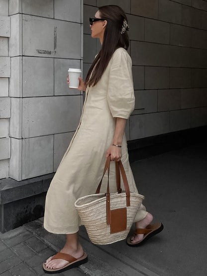 Yara – Elegant Linen Buttoned Midi Dress