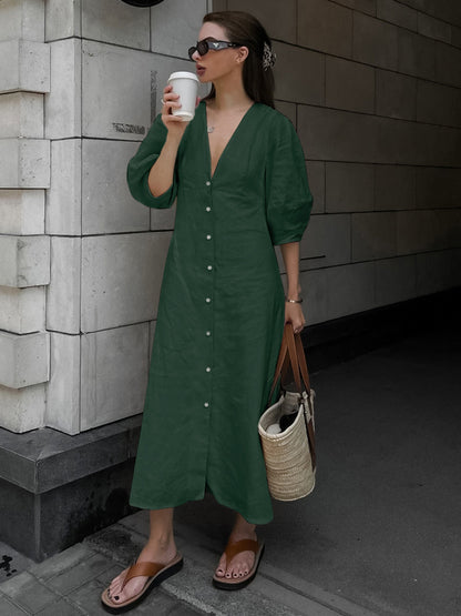 Yara – Elegant Linen Buttoned Midi Dress