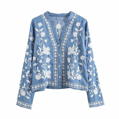 Tiffany – Boho Denim Floral Top