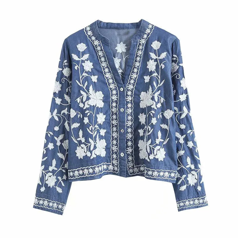 Tiffany – Boho Denim Floral Top
