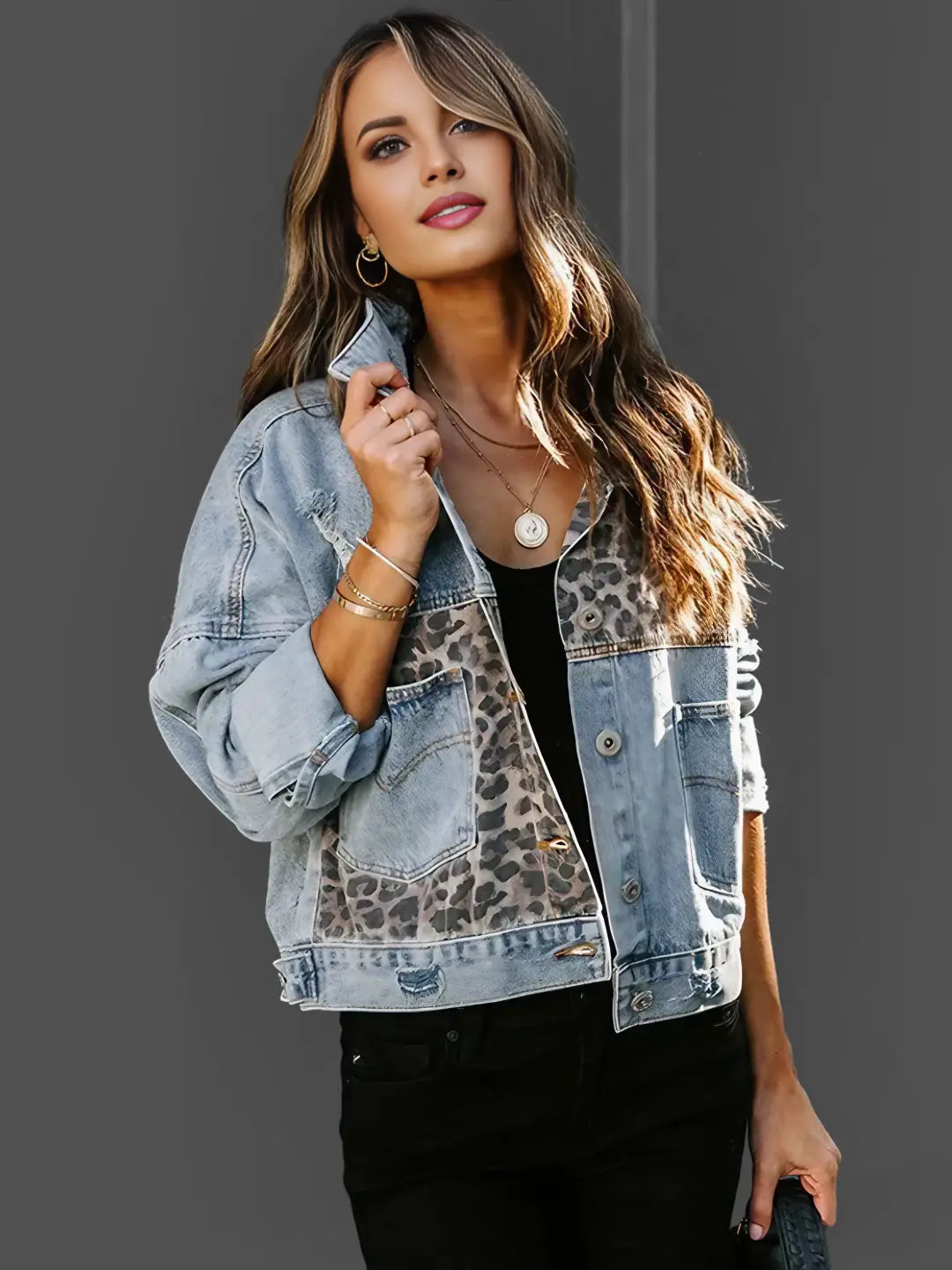 Aurora – Leopard Accent Denim Jacket