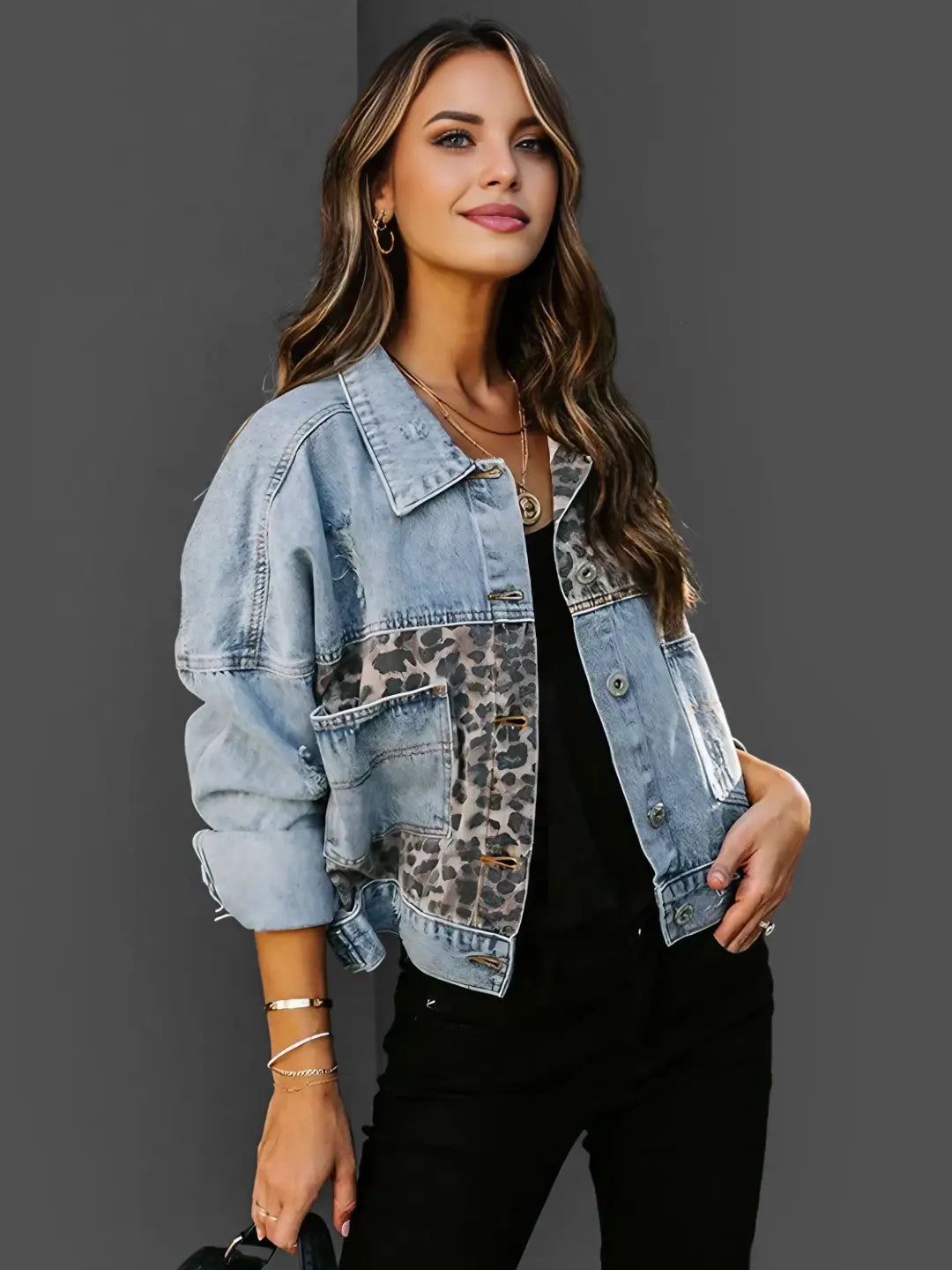 Aurora – Leopard Accent Denim Jacket