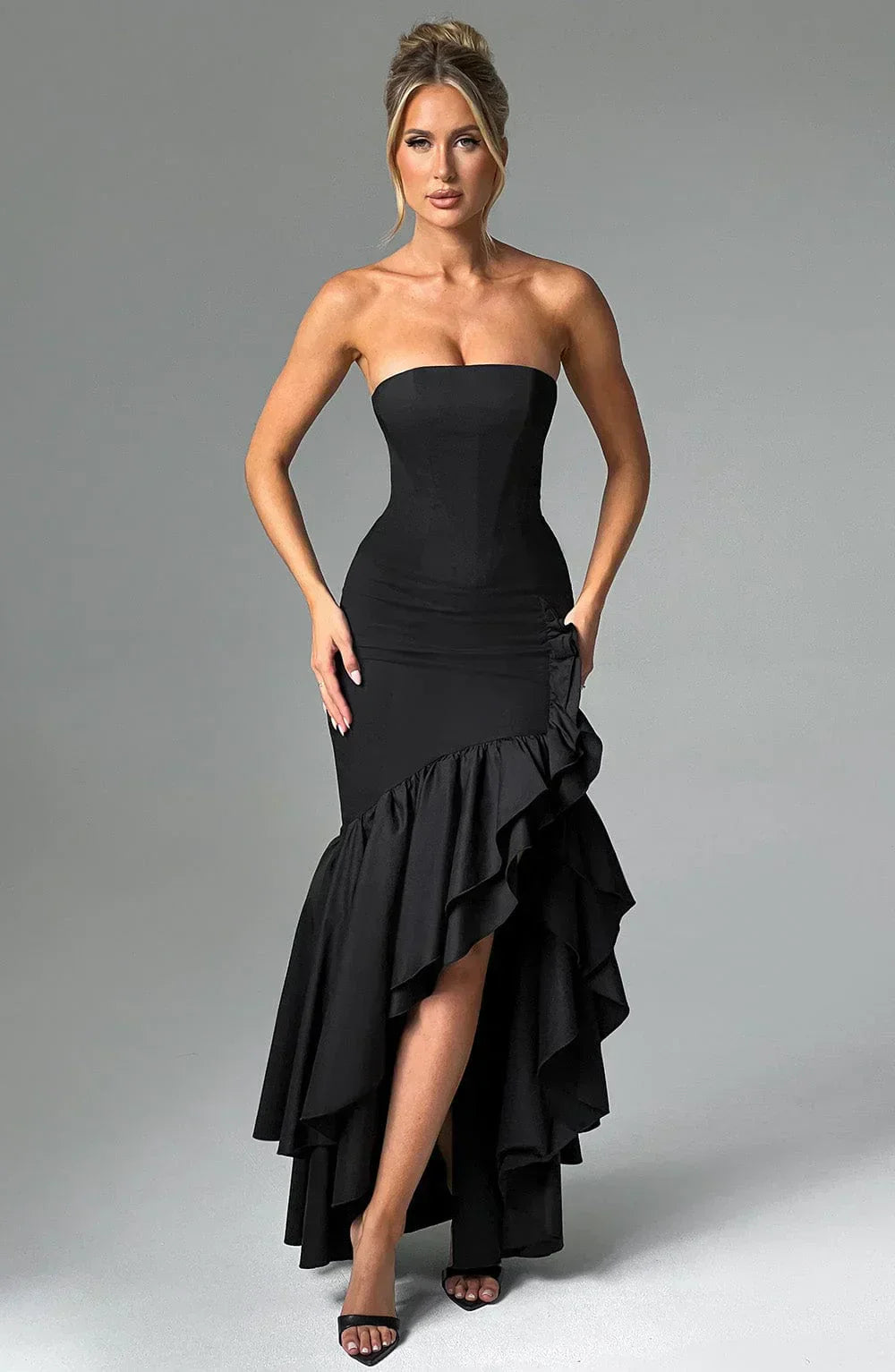 Beryl – Strapless Cascade Maxi Dress