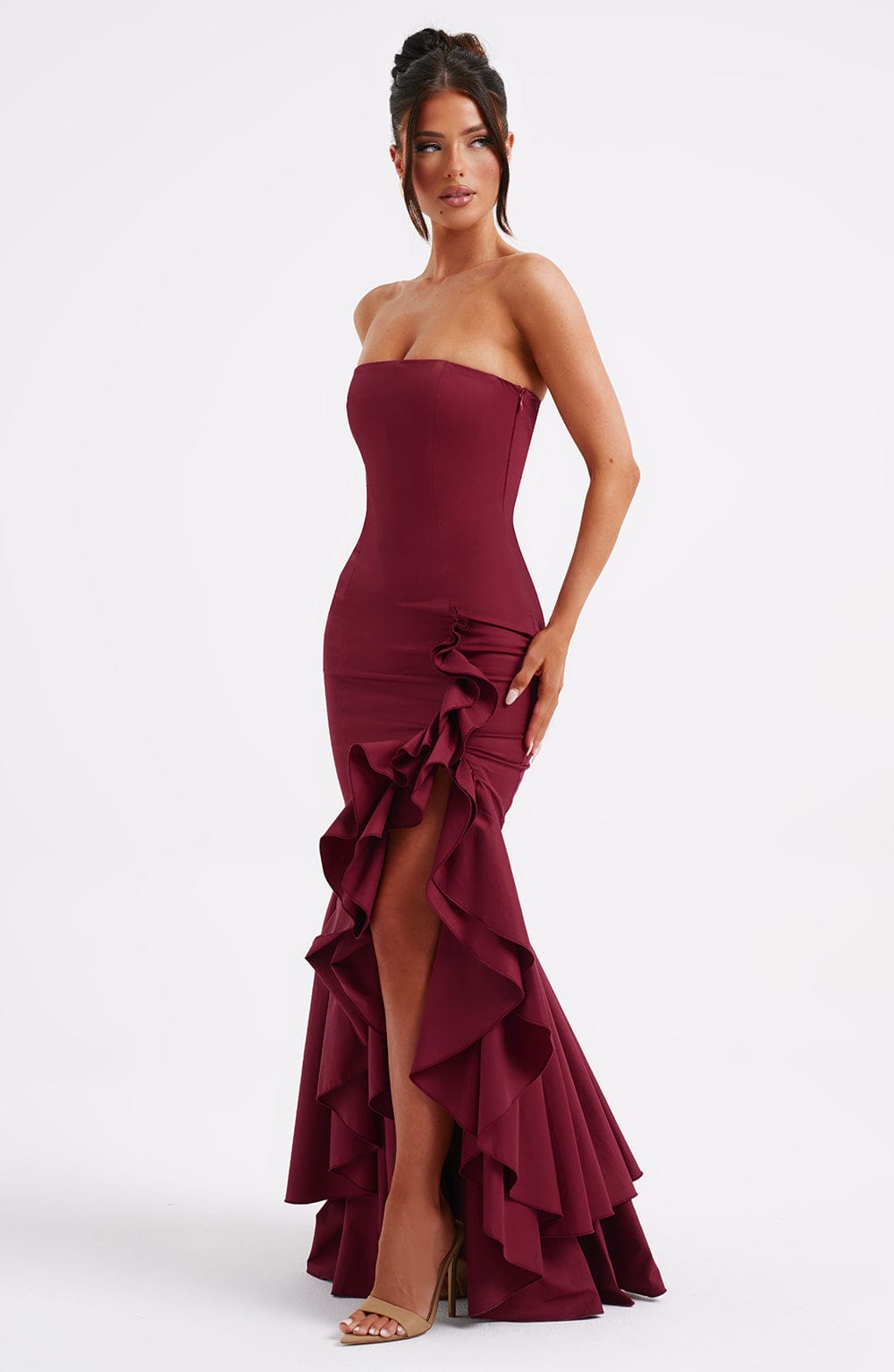 Beryl – Strapless Cascade Maxi Dress