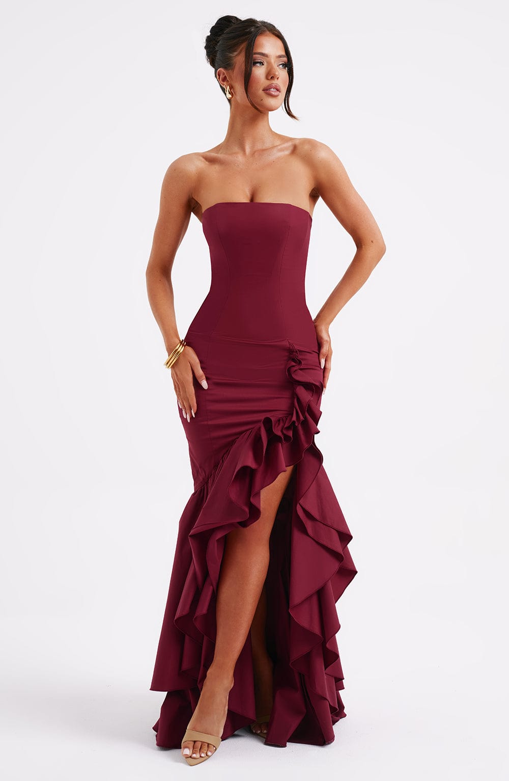Beryl – Strapless Cascade Maxi Dress