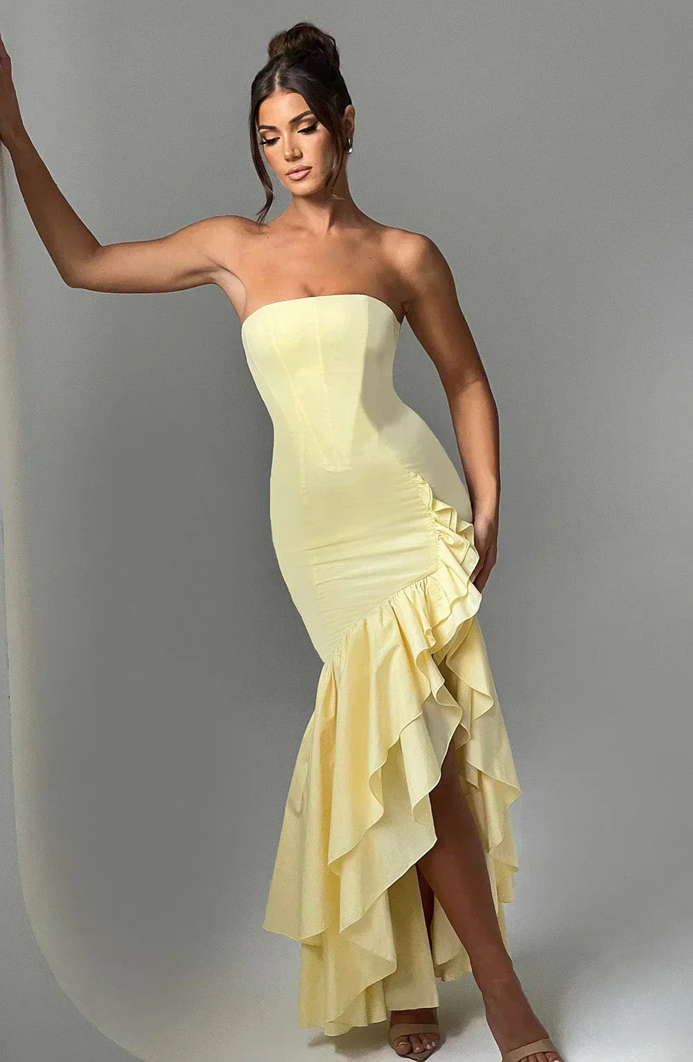 Beryl – Strapless Cascade Maxi Dress
