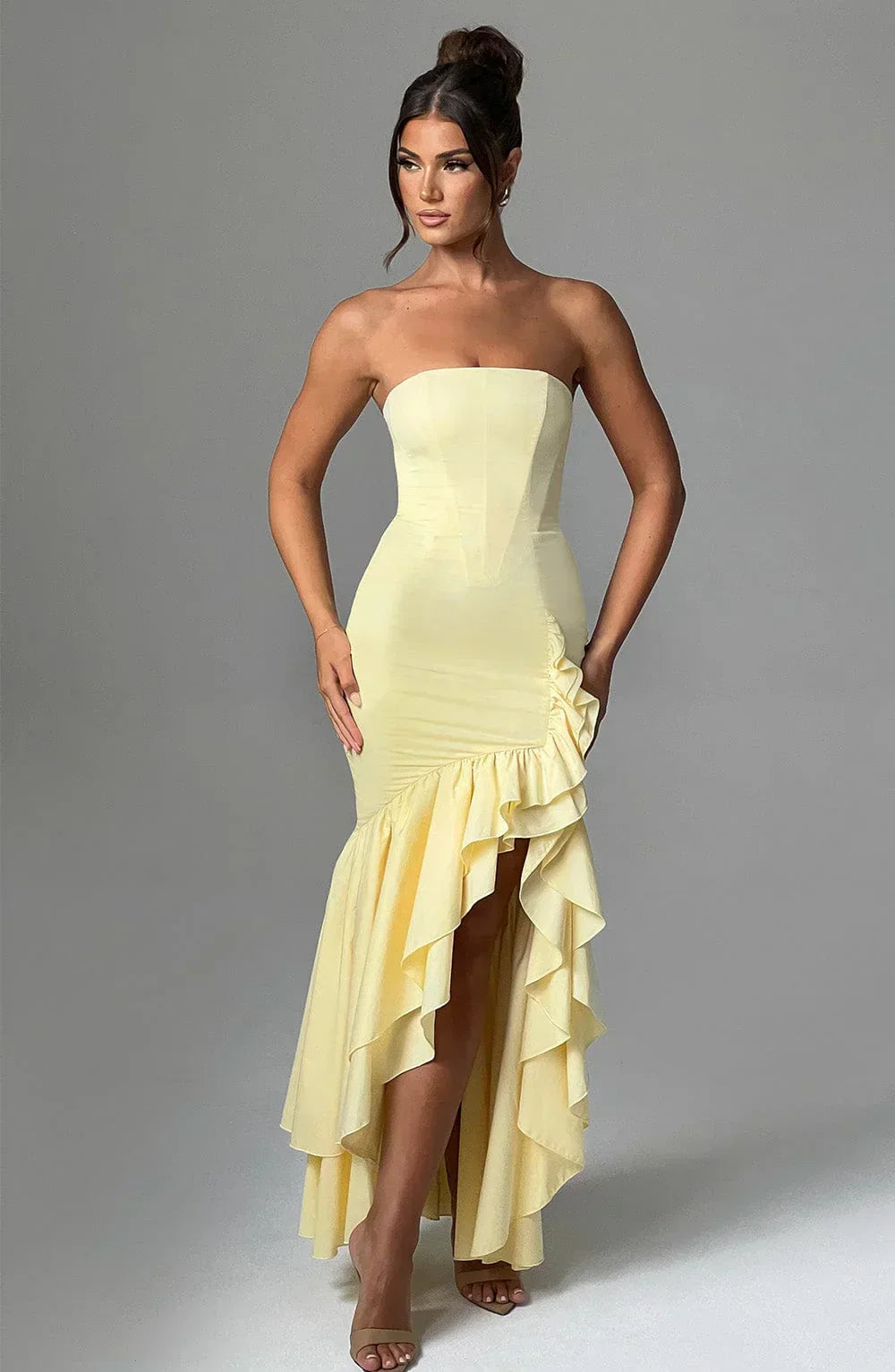 Beryl – Strapless Cascade Maxi Dress
